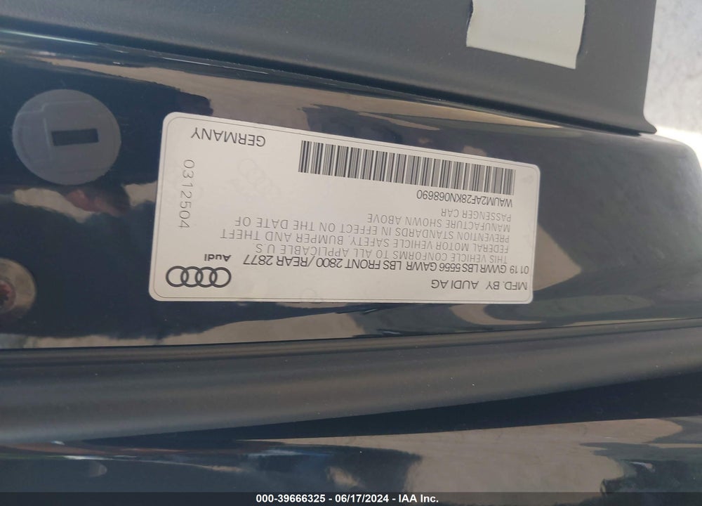 2019 AUDI A6 55 PREMIUM VIN: WAUM2AF28KN068690