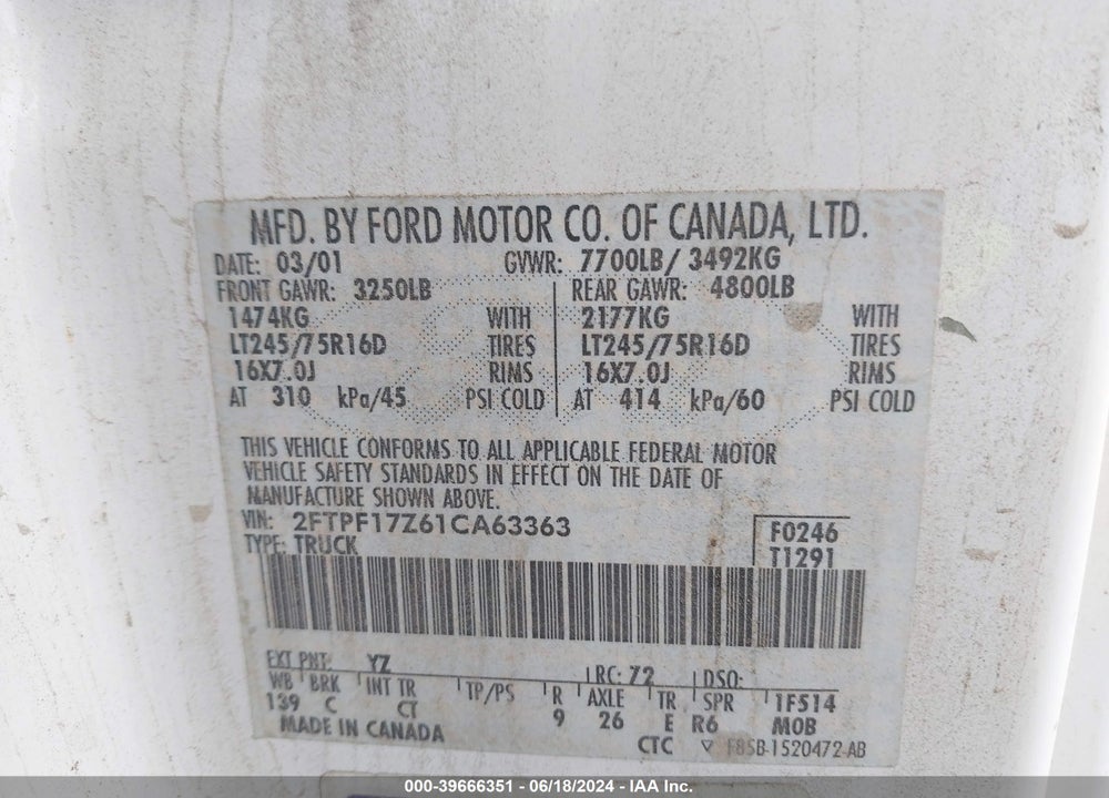 2001 FORD F-150 XL/XLT VIN: 2FTPF17Z61CA63363