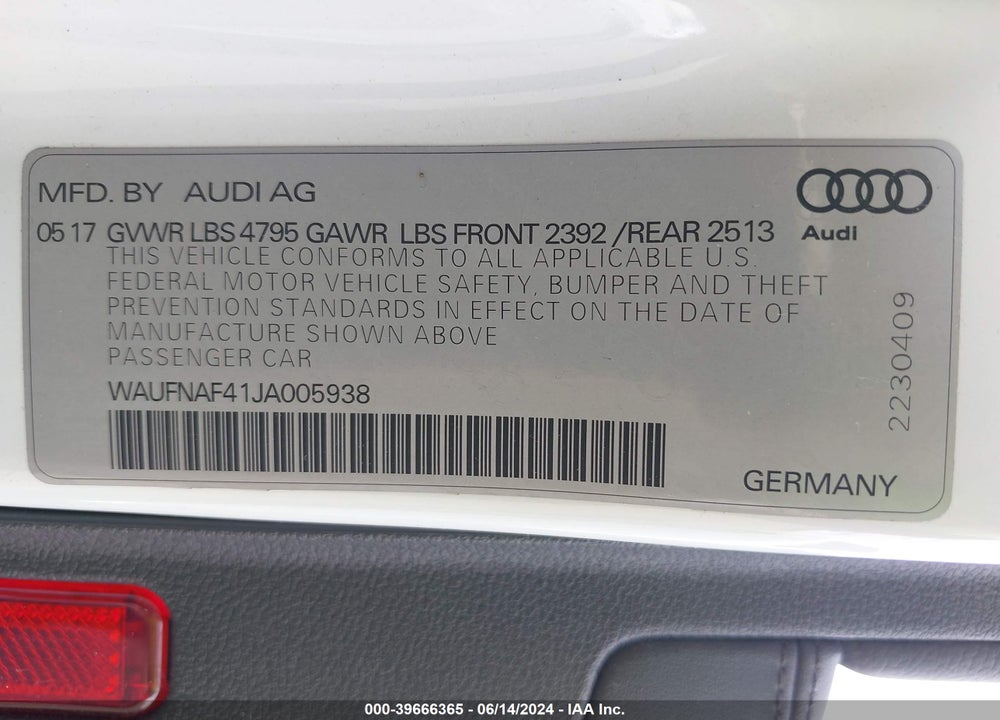 2018 AUDI A4 2.0T PREMIUM VIN: WAUFNAF41JA005938