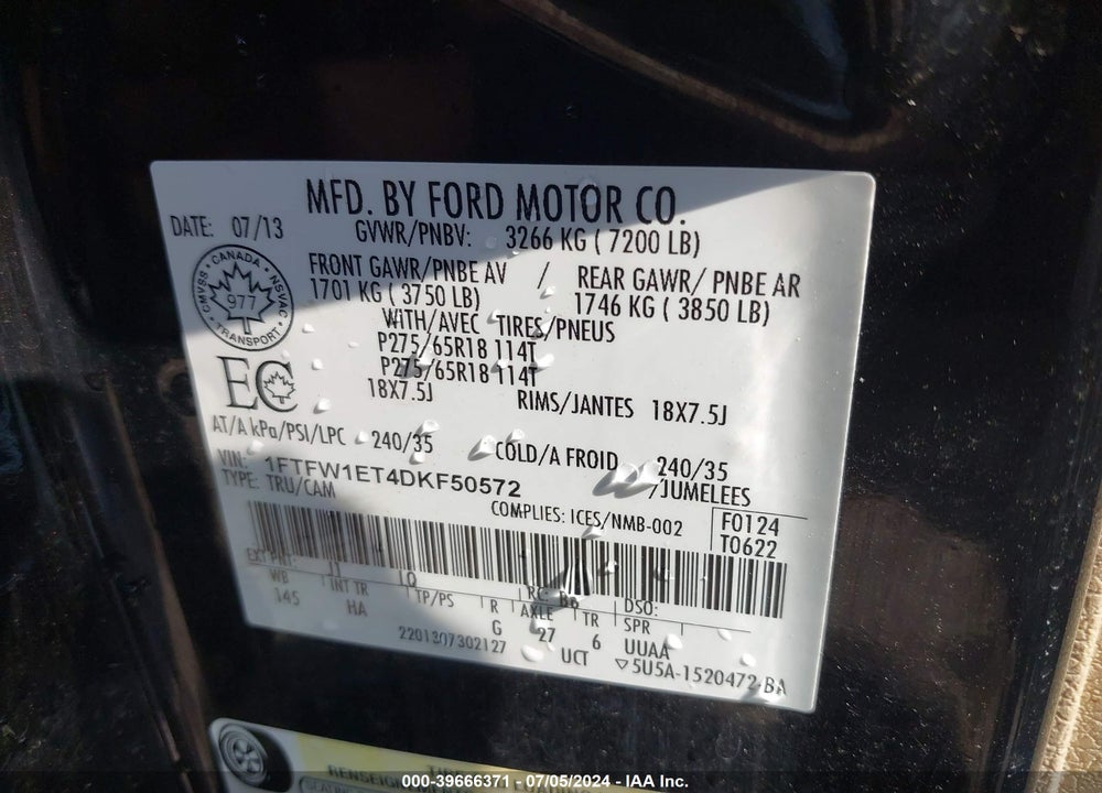 2013 FORD F-150 LARIAT VIN: 1FTFW1ET4DKF50572