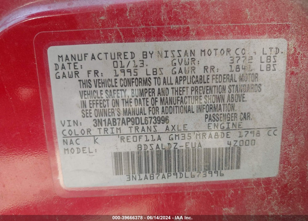 2013 NISSAN SENTRA SV VIN: 3N1AB7AP9DL673996