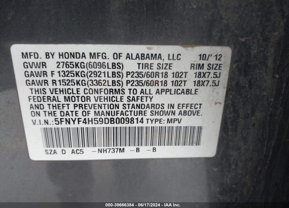 2013 HONDA PILOT EX-L VIN: 5FNYF4H59DB009814