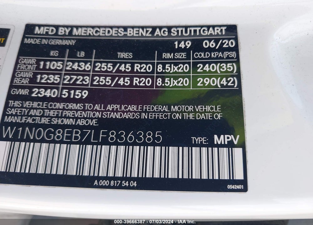 2020 MERCEDES-BENZ GLC 300 4MATIC VIN: W1N0G8EB7LF836385