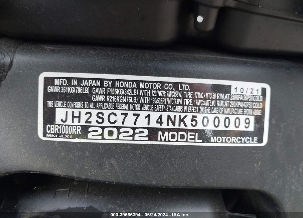 2022 HONDA CBR1000 RR VIN: JH2SC7714NK500009