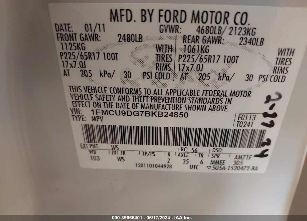 2011 FORD ESCAPE VIN: 1FMCU9DG7BKB24850