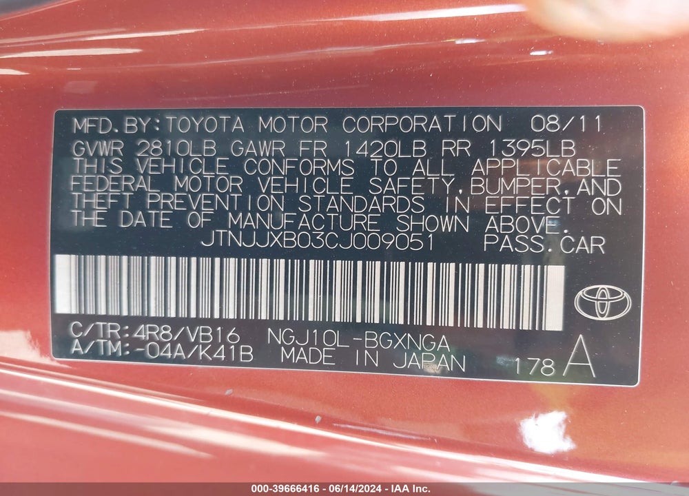 2012 SCION IQ VIN: JTNJJXB03CJ009051