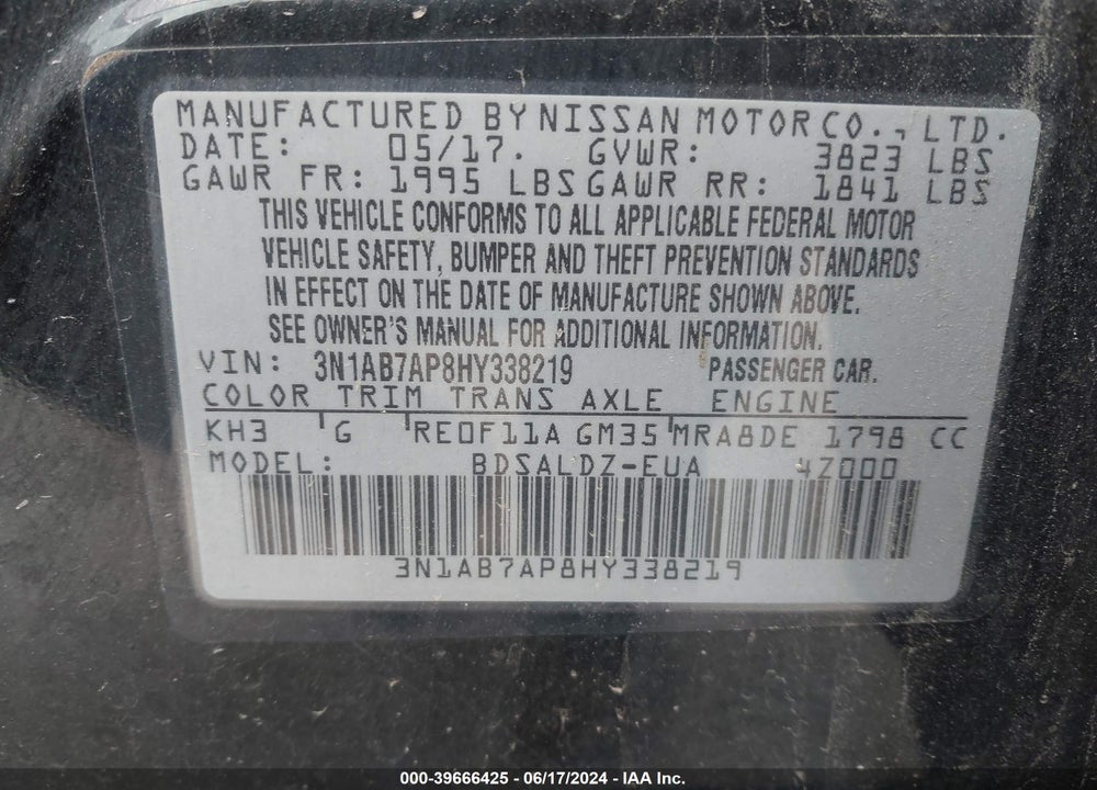 2017 NISSAN SENTRA SV VIN: 3N1AB7AP8HY338219