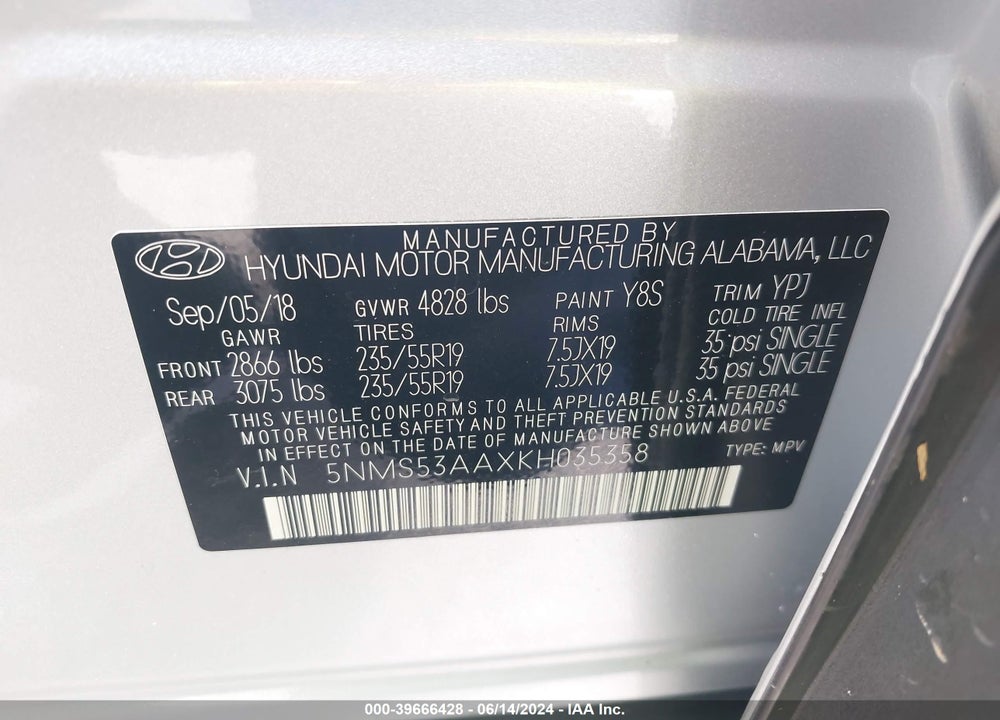 2019 HYUNDAI SANTA FE ULTIMATE 2.0T VIN: 5NMS53AAXKH035358
