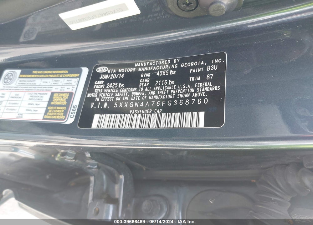2015 KIA OPTIMA EX VIN: 5XXGN4A76FG368760