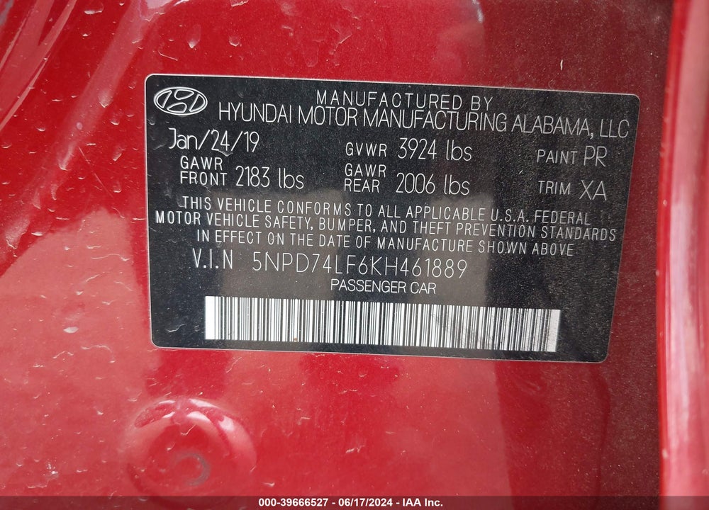 2019 HYUNDAI ELANTRA SE VIN: 5NPD74LF6KH461889