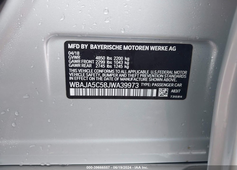 2018 BMW 530I VIN: WBAJA5C58JWA39973