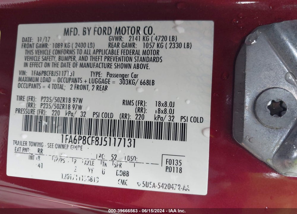 2018 FORD MUSTANG GT PREMIUM VIN: 1FA6P8CF8J5117131