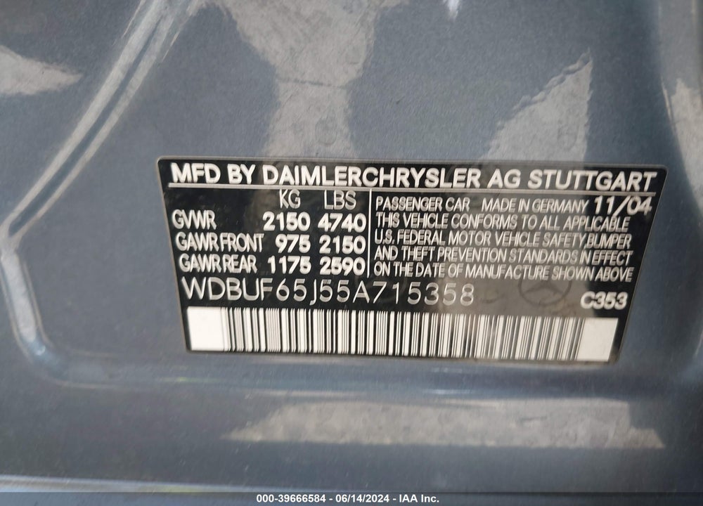 2005 MERCEDES-BENZ E 320 VIN: WDBUF65J55A715358