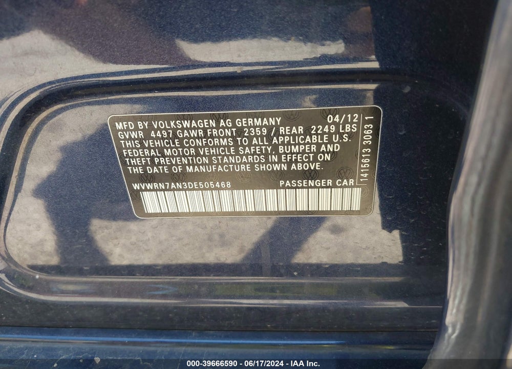 2013 VOLKSWAGEN CC 2.0T LUX VIN: WVWRN7AN3DE505468
