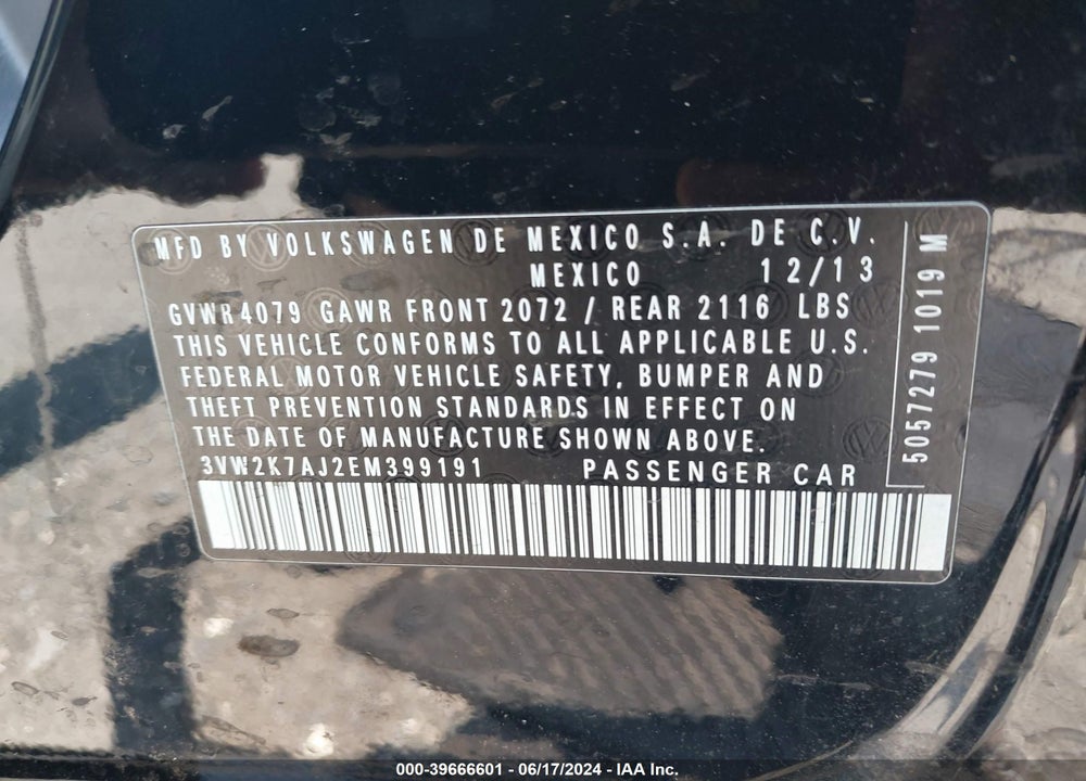 2014 VOLKSWAGEN JETTA 2.0L S VIN: 3VW2K7AJ2EM399191