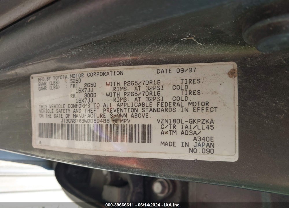 1998 TOYOTA 4RUNNER SR5 V6 LIMITED VIN: JT3GN87R8W0059488
