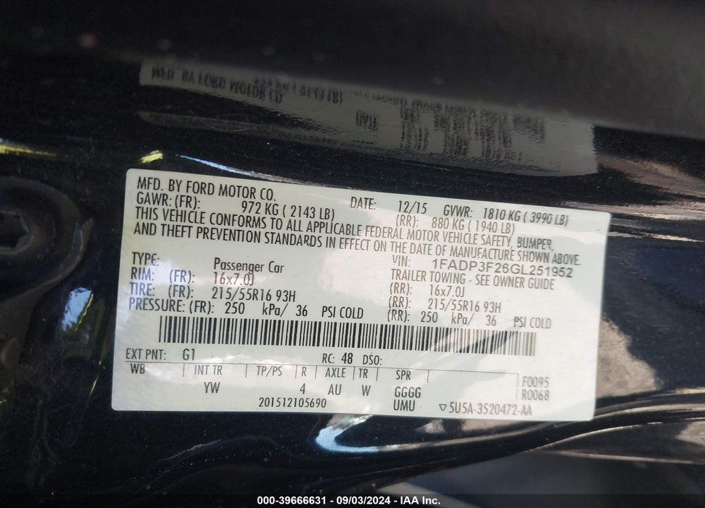 2016 FORD FOCUS SE VIN: 1FADP3F26GL251952