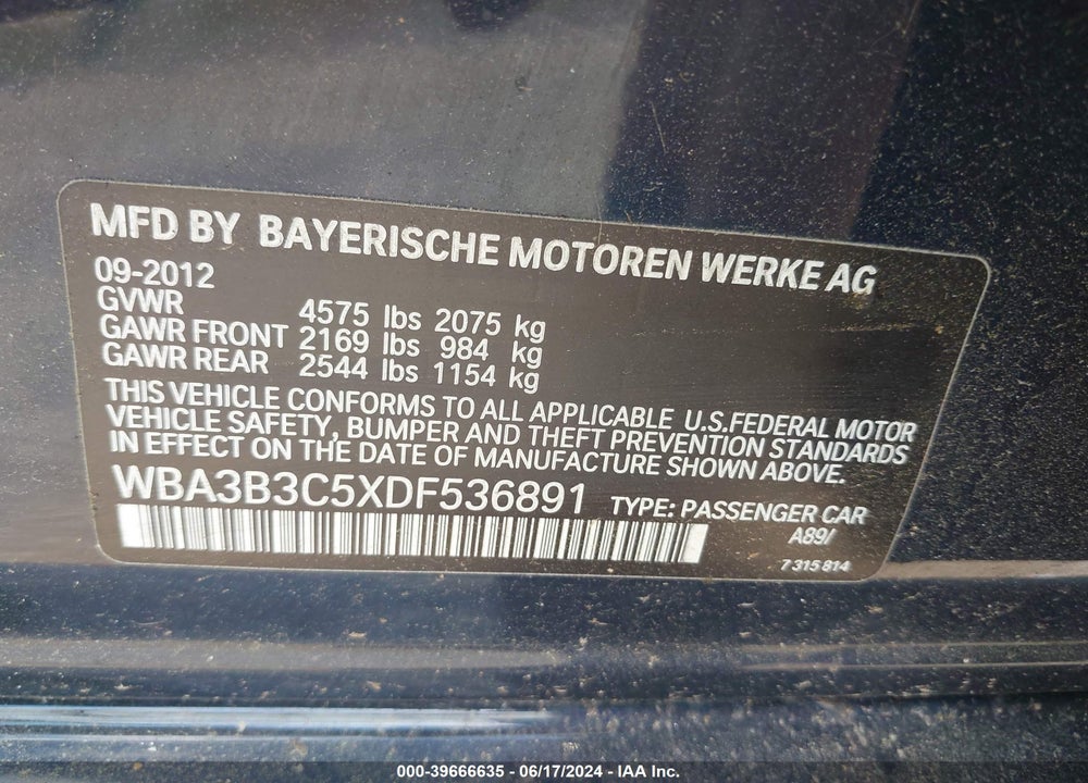2013 BMW 328I XDRIVE VIN: WBA3B3C5XDF536891