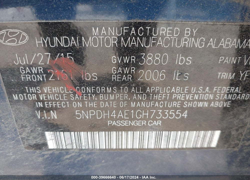 2016 HYUNDAI ELANTRA SE VIN: 5NPDH4AE1GH733554