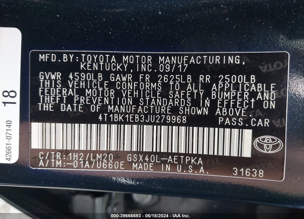 2018 TOYOTA AVALON LIMITED VIN: 4T1BK1EB3JU279968
