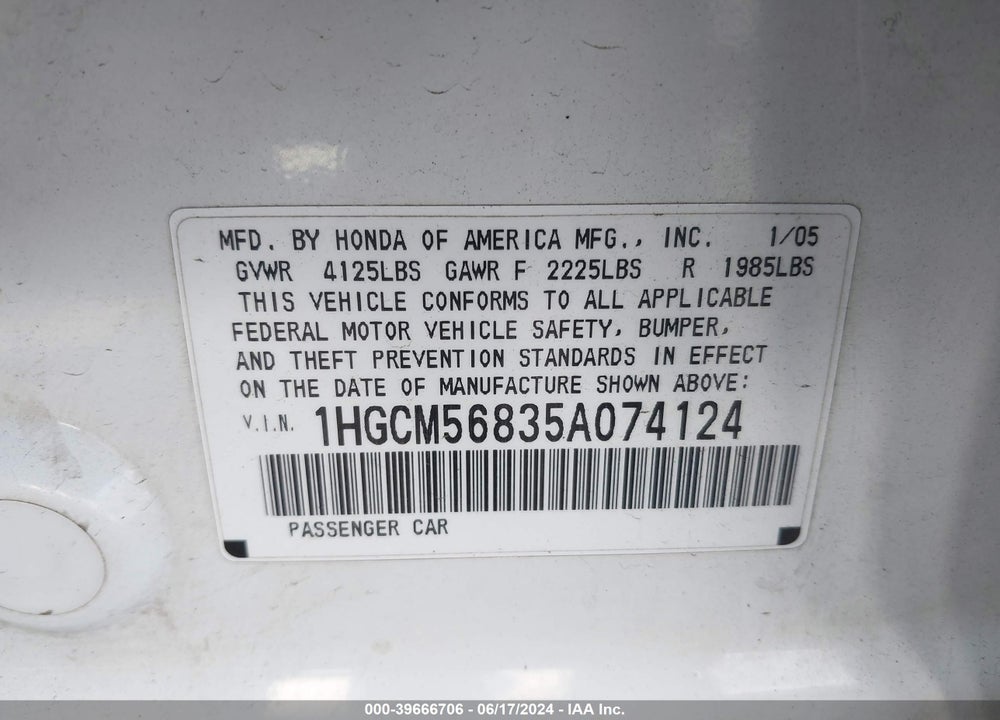 2005 HONDA ACCORD VIN: 1HGCM56835A074124