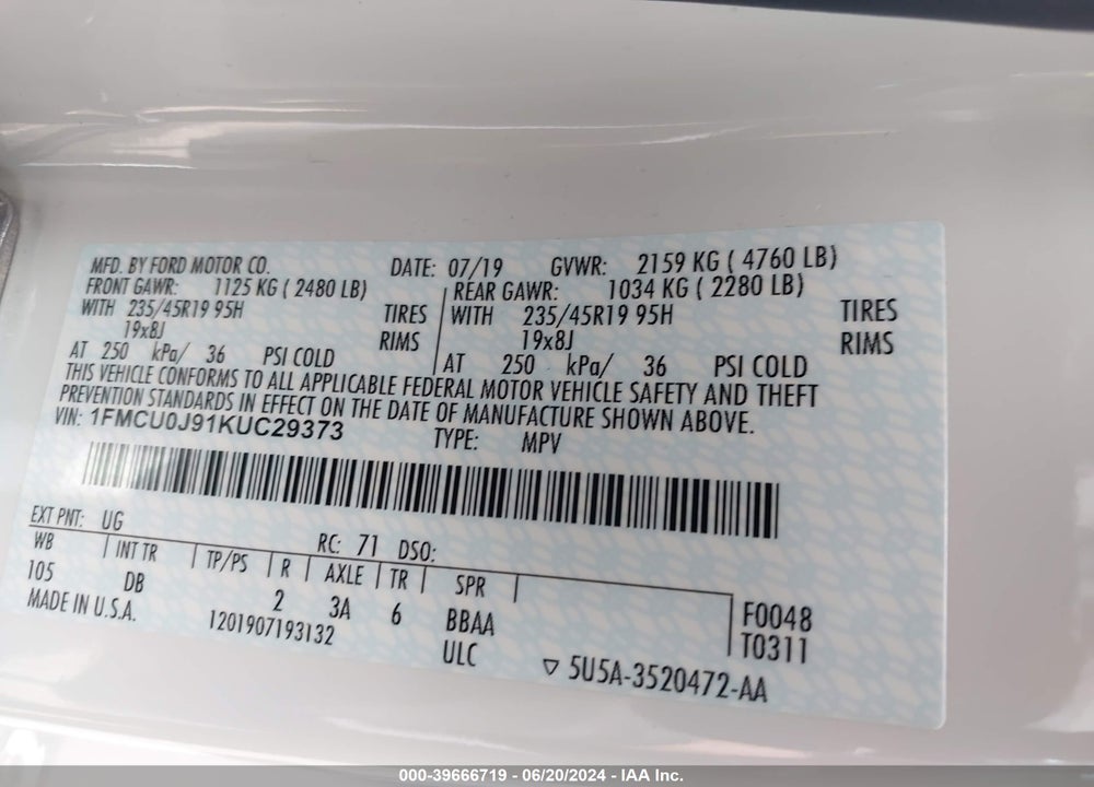 2019 FORD ESCAPE TITANIUM VIN: 1FMCU0J91KUC29373