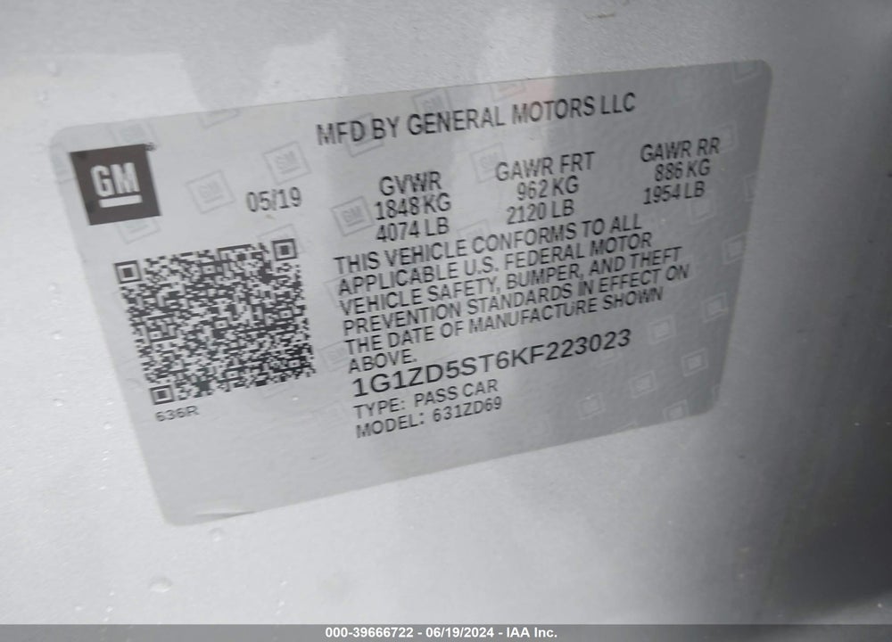 2019 CHEVROLET MALIBU LT VIN: 1G1ZD5ST6KF223023