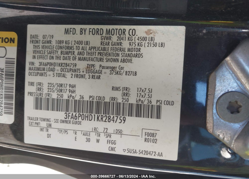 2019 FORD FUSION SE VIN: 3FA6P0HD1KR284759
