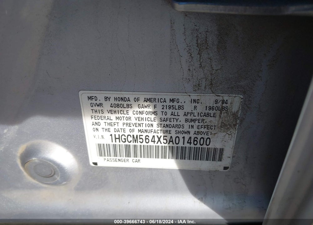 2005 HONDA ACCORD 2.4 LX VIN: 1HGCM564X5A014600