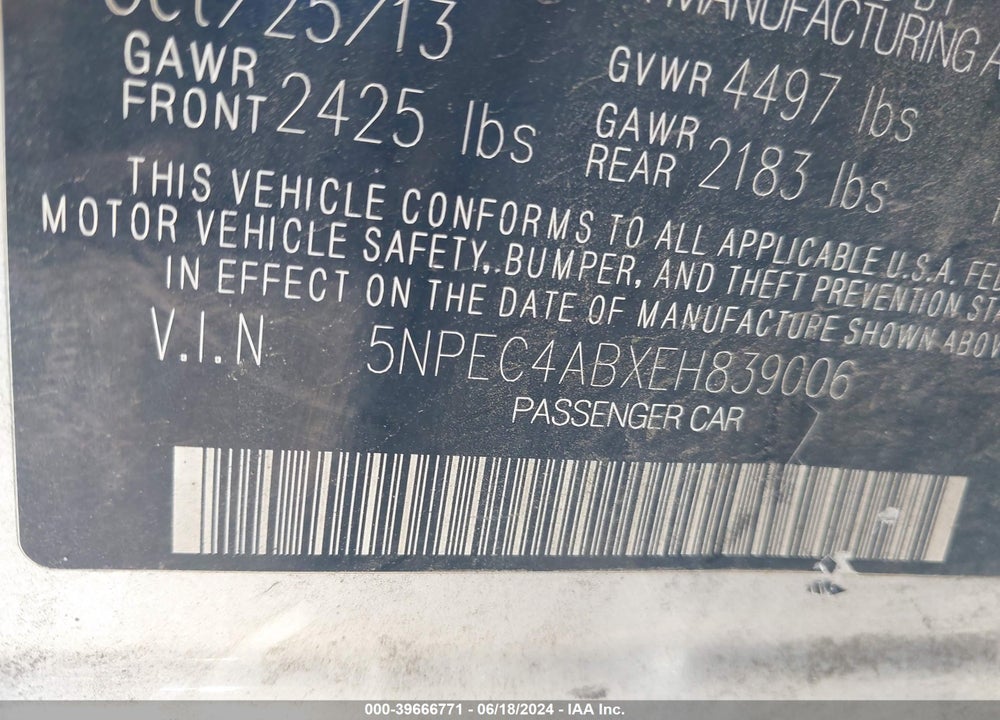 2014 HYUNDAI SONATA VIN: 5NPEC4ABXEH839006