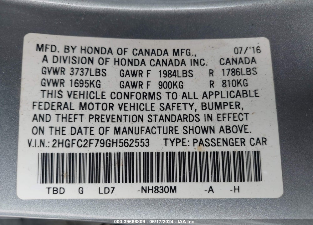 2016 HONDA CIVIC EX VIN: 2HGFC2F79GH562553
