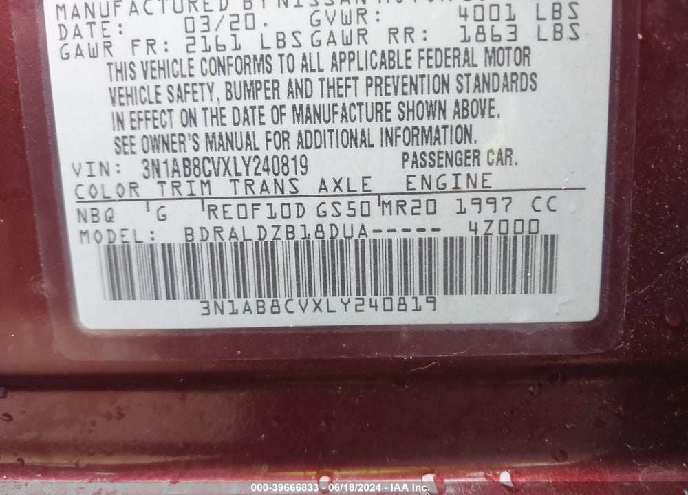 2020 NISSAN SENTRA SV XTRONIC CVT VIN: 3N1AB8CVXLY240819