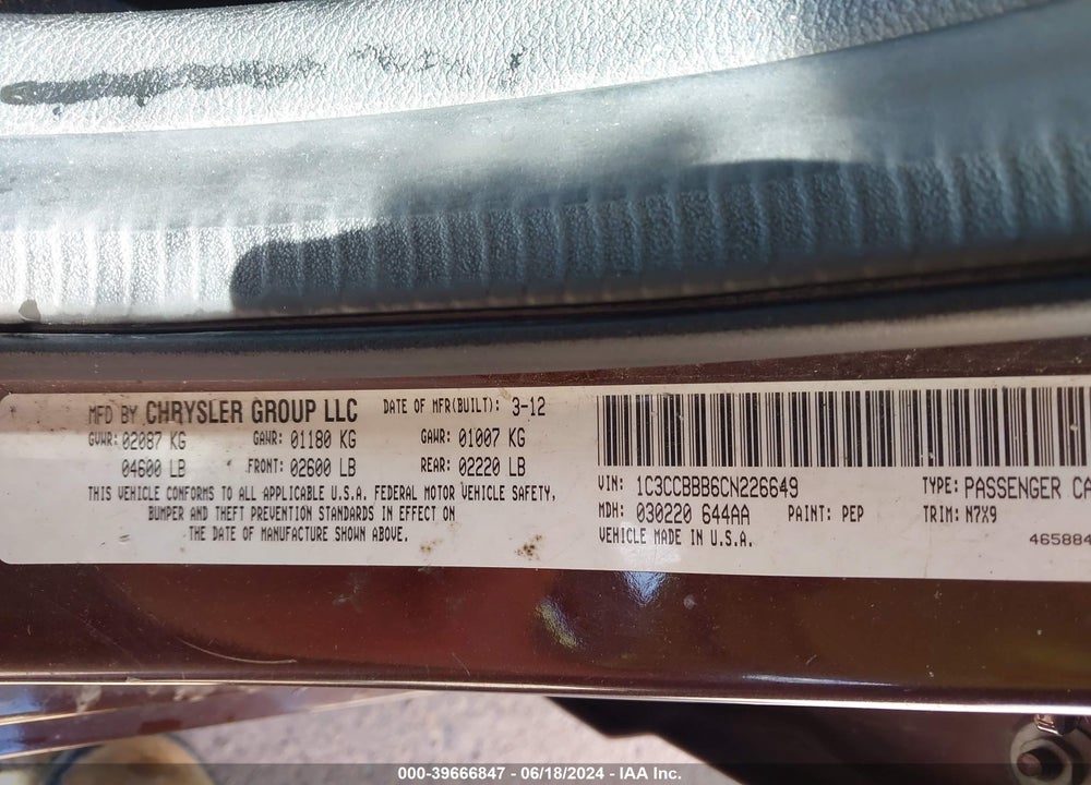 2012 CHRYSLER 200 VIN: 1C3CCBBB6CN226649
