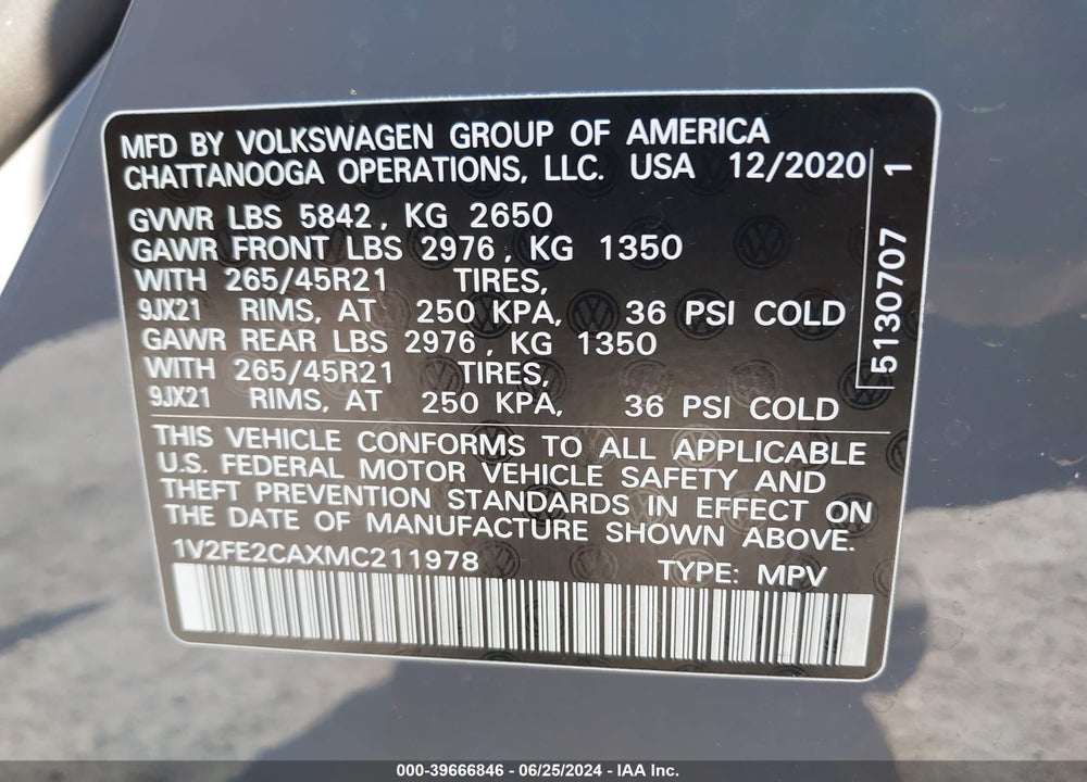 2021 VOLKSWAGEN ATLAS CROSS SPORT 3.6L V6 SEL PREMIUM R-LINE VIN: 1V2FE2CAXMC211978