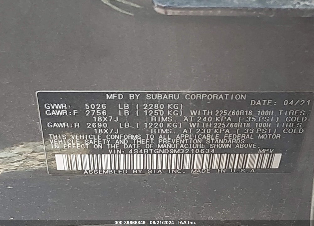 2021 SUBARU OUTBACK LIMITED XT VIN: 4S4BTGND9M3210634