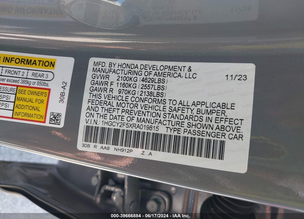 2024 HONDA ACCORD HYBRID SPORT VIN: 1HGCY2F5XRA019815