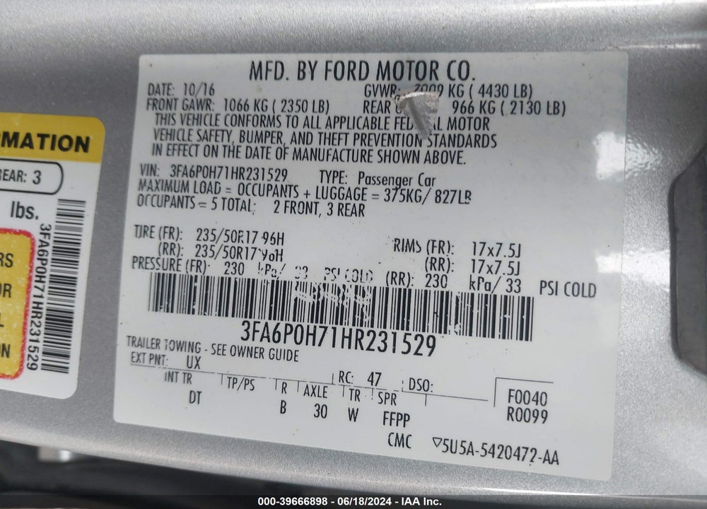 2017 FORD FUSION SE VIN: 3FA6P0H71HR231529