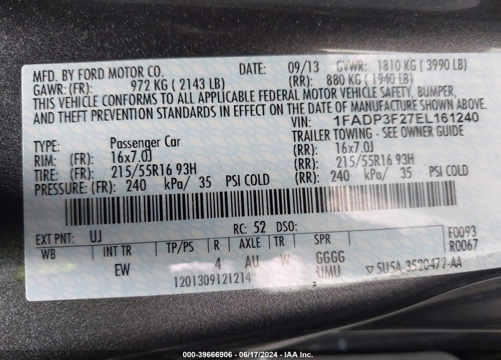 2014 FORD FOCUS SE VIN: 1FADP3F27EL161240