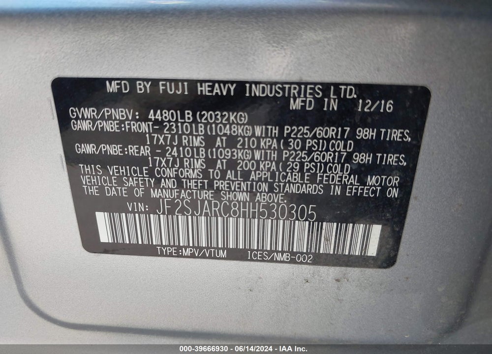 2017 SUBARU FORESTER 2.5I LIMITED VIN: JF2SJARC8HH530305