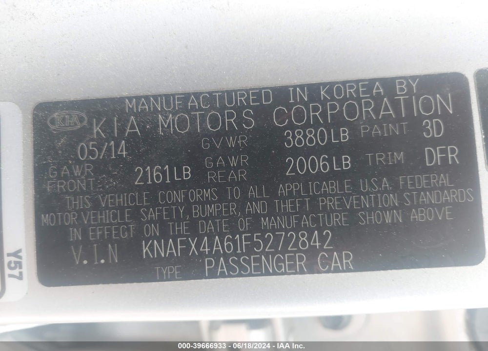 2015 KIA FORTE LX VIN: KNAFX4A61F5272842