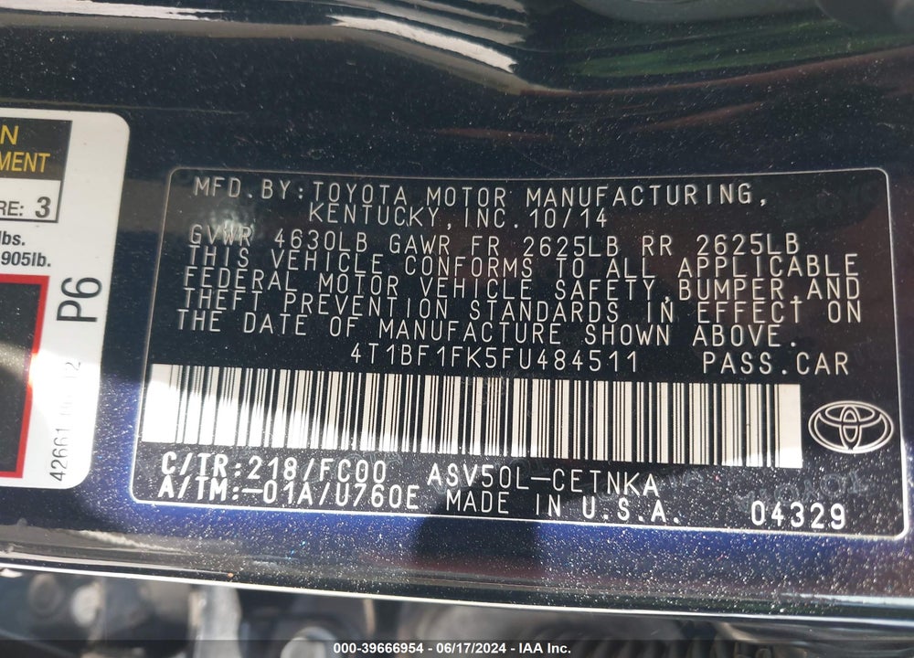 2015 TOYOTA CAMRY LE VIN: 4T1BF1FK5FU484511
