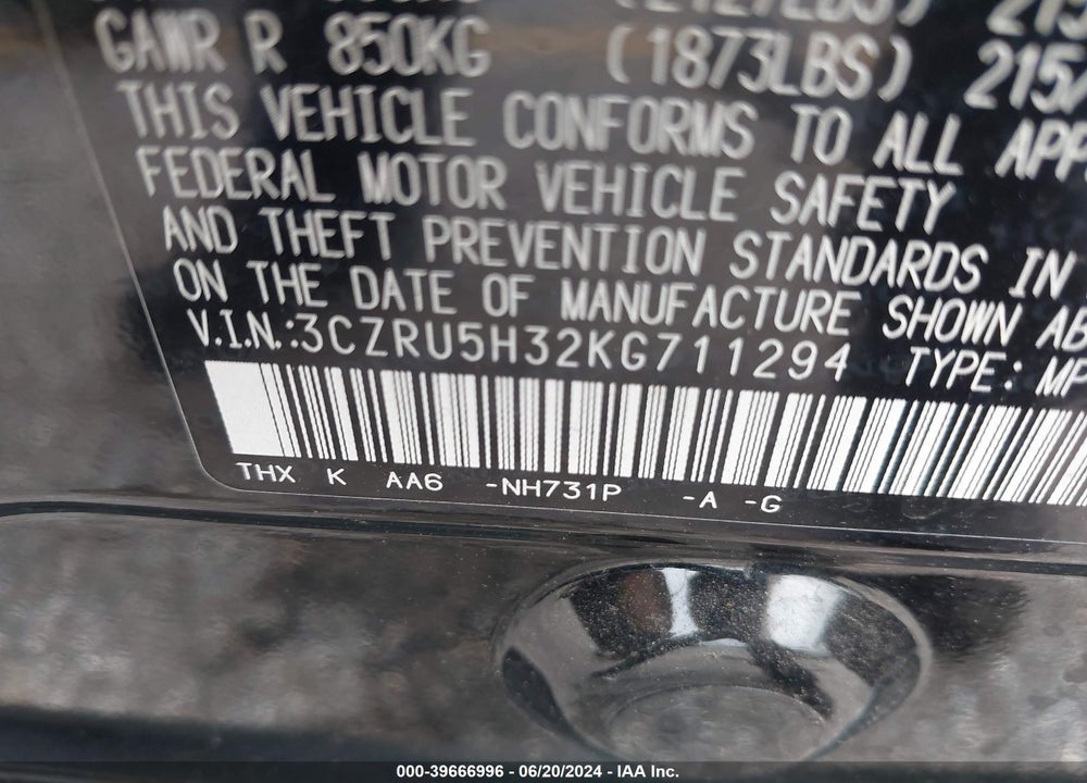 2019 HONDA HR-V LX VIN: 3CZRU5H32KG711294