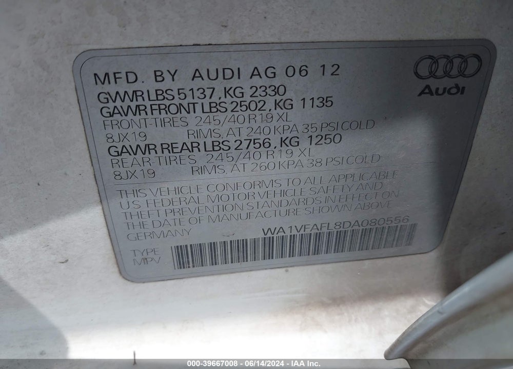 2013 AUDI ALLROAD 2.0T PREMIUM VIN: WA1VFAFL8DA080556