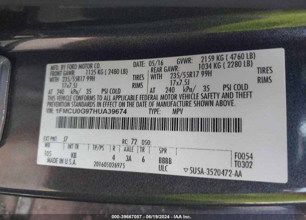 2017 FORD ESCAPE SE VIN: 1FMCU0G97HUA39674