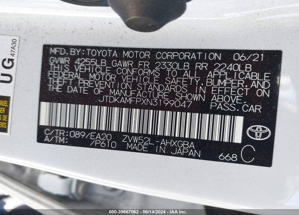2022 TOYOTA PRIUS PRIME XLE VIN: JTDKAMFPXN3199047