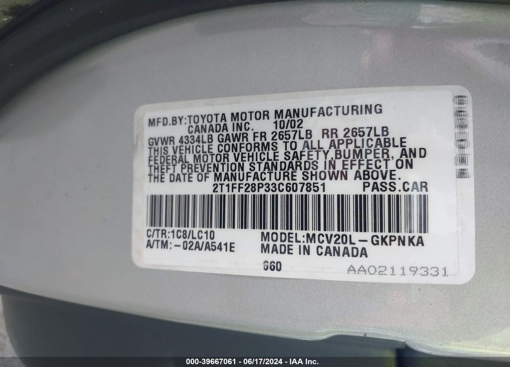 2003 TOYOTA CAMRY SOLARA SLE V6 VIN: 2T1FF28P33C607851
