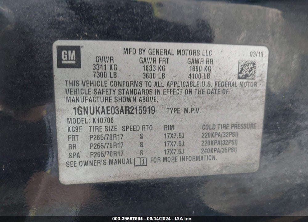 2010 CHEVROLET TAHOE SPECIAL SERVICES VIN: 1GNUKAE03AR215919