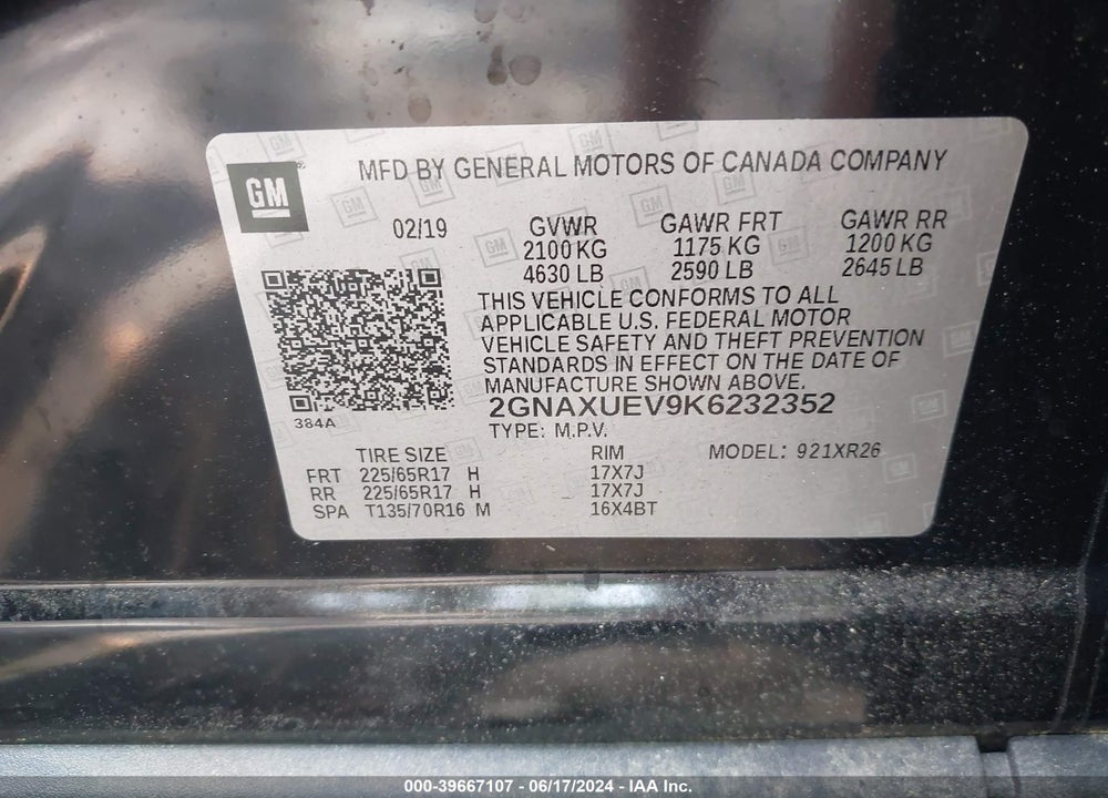 2019 CHEVROLET EQUINOX LT VIN: 2GNAXUEV9K6232352