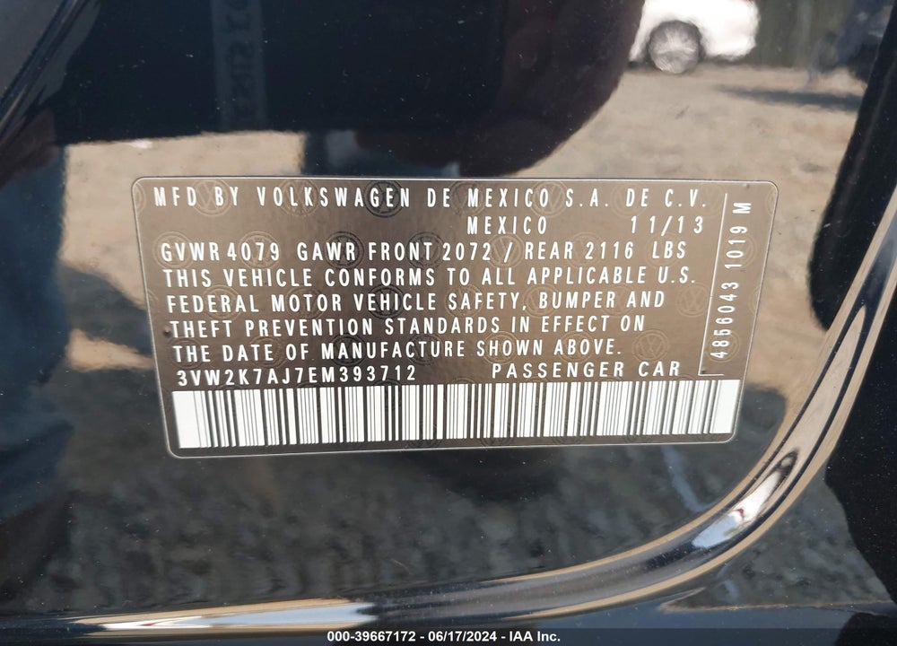 2014 VOLKSWAGEN JETTA 2.0L S VIN: 3VW2K7AJ7EM393712