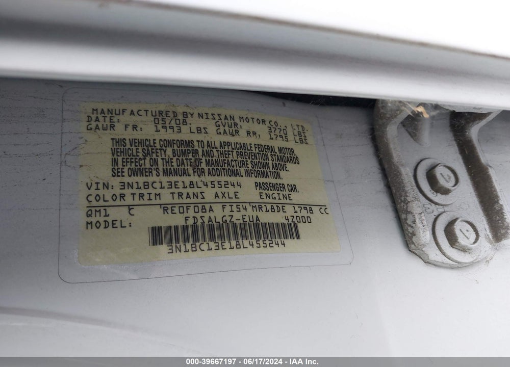 2008 NISSAN VERSA 1.8SL VIN: 3N1BC13E18L455244